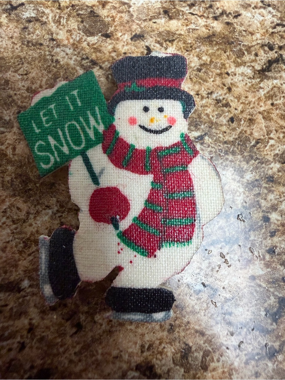 Vintage Snowman Brooch Let It Snow Christmas Pin Fabric Folk Art Holiday Skates